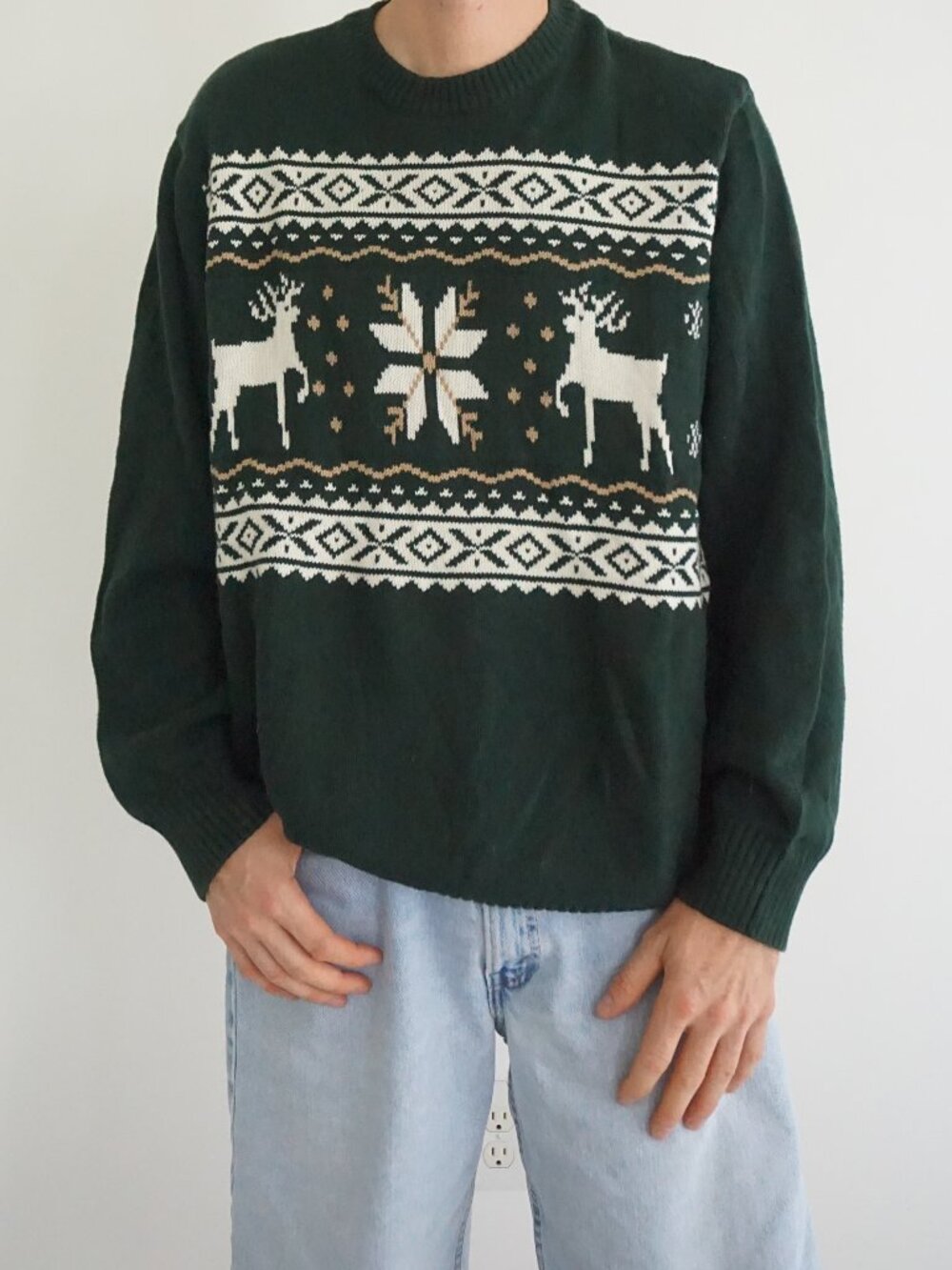 Vintage Dockers Green Reindeer Snowflakes Fair Isle Christmas Holiday Sweater XL